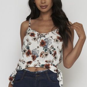 White Floral Spaghetti Strap Crop Tank Top